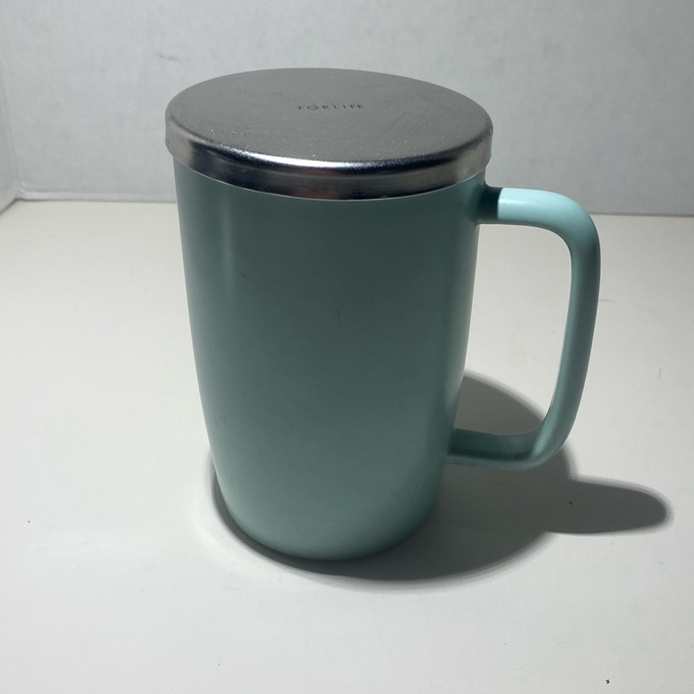 For life, ceramic tea mug, with metal infuser, and metal lid